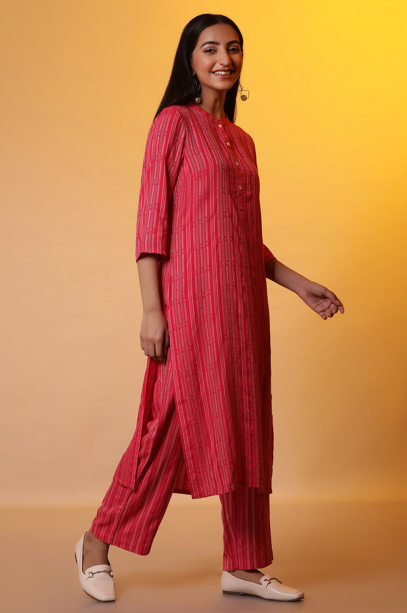 Pink Striped Yarn-Dyed Kurta and Trousers Co-ord Set