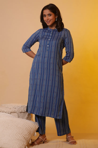 Blue Striped Yarn-Dyed Kurta and Trouser Co-ord Set