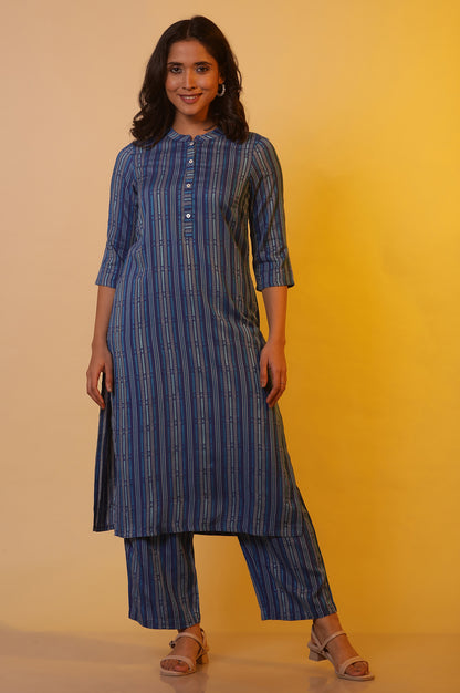 Blue Striped Yarn-Dyed Kurta and Trouser Co-ord Set