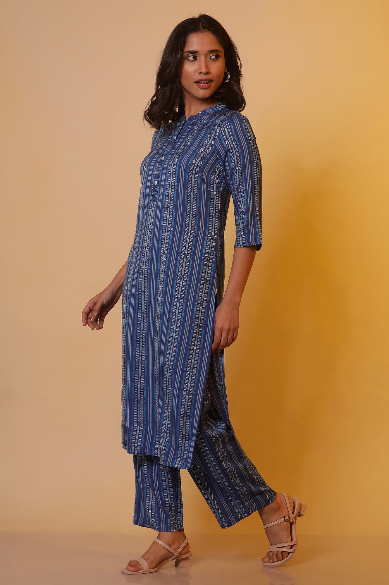 Blue Striped Yarn-Dyed Kurta and Trouser Co-ord Set