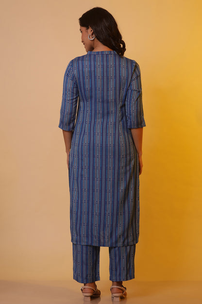 Blue Striped Yarn-Dyed Kurta and Trouser Co-ord Set