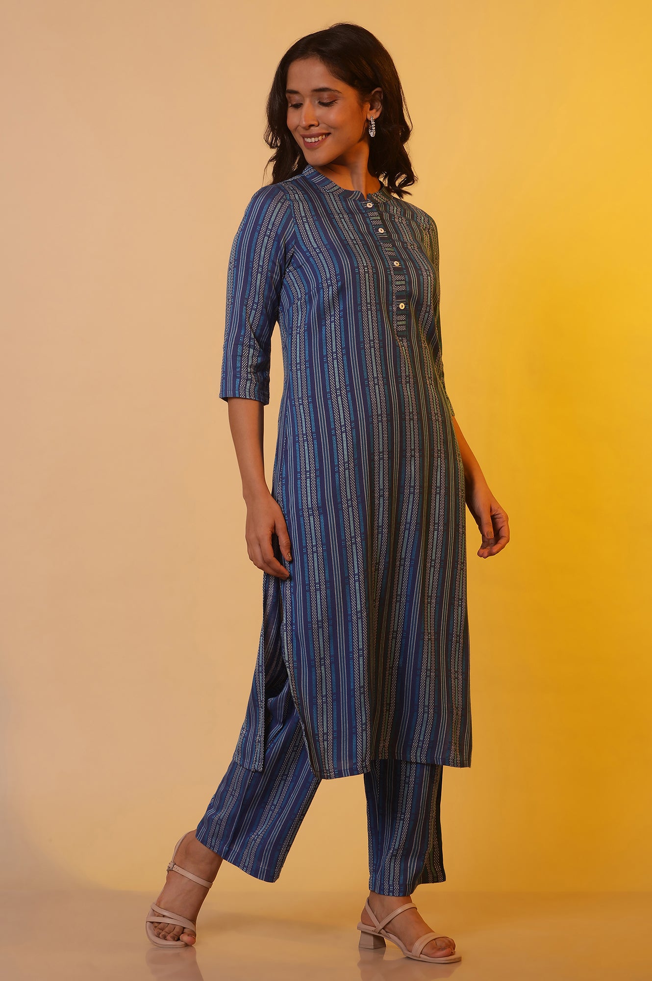 Blue Striped Yarn-Dyed Kurta and Trouser Co-ord Set