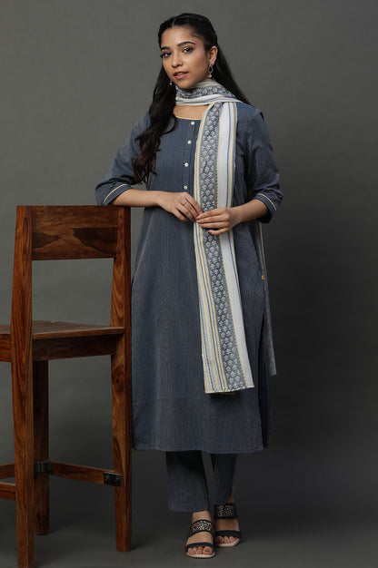 Navy Blue Cotton Dobby Kurta, Trousers and Dupatta Set