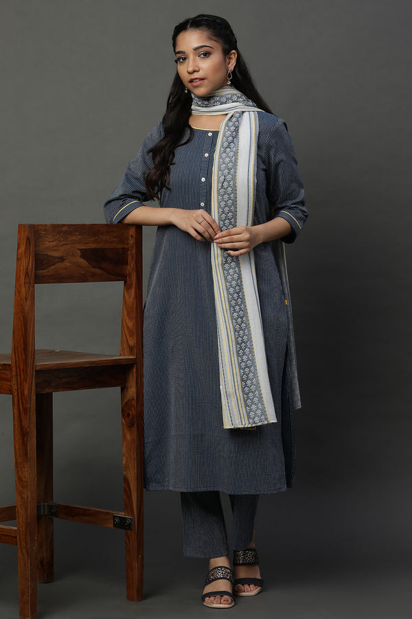 Navy Blue Cotton Dobby Kurta, Trousers and Dupatta Set