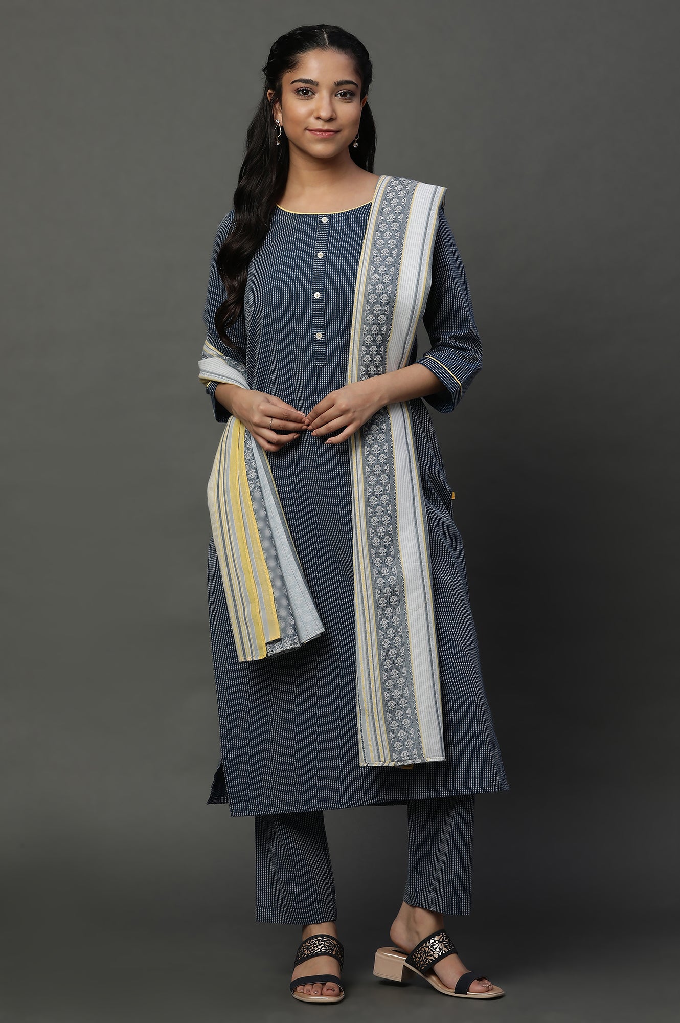 Navy Blue Cotton Dobby Kurta, Trousers and Dupatta Set