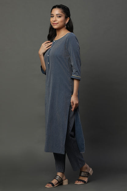 Navy Blue Cotton Dobby Kurta, Trousers and Dupatta Set