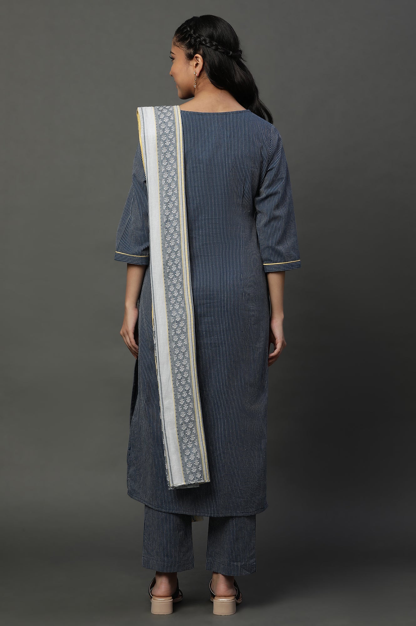 Navy Blue Cotton Dobby Kurta, Trousers and Dupatta Set