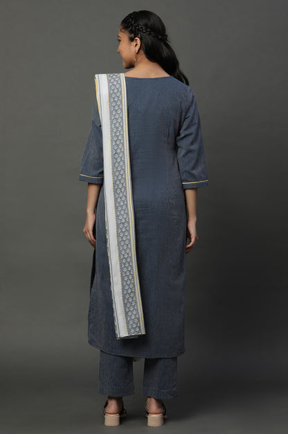 Navy Blue Cotton Dobby Kurta, Trousers and Dupatta Set