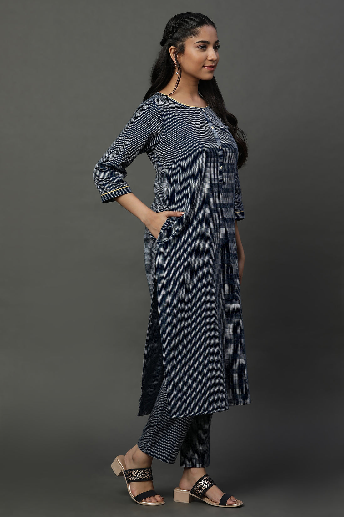 Navy Blue Cotton Dobby Kurta, Trousers and Dupatta Set