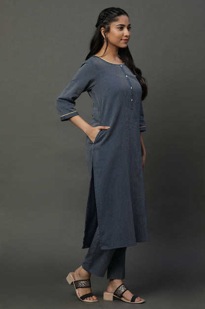 Navy Blue Cotton Dobby Kurta, Trousers and Dupatta Set