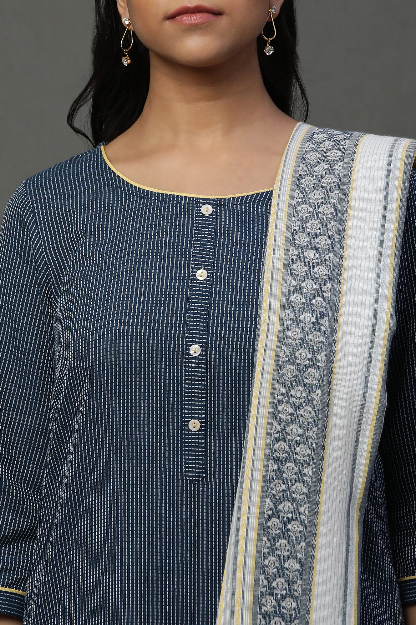 Navy Blue Cotton Dobby Kurta, Trousers and Dupatta Set