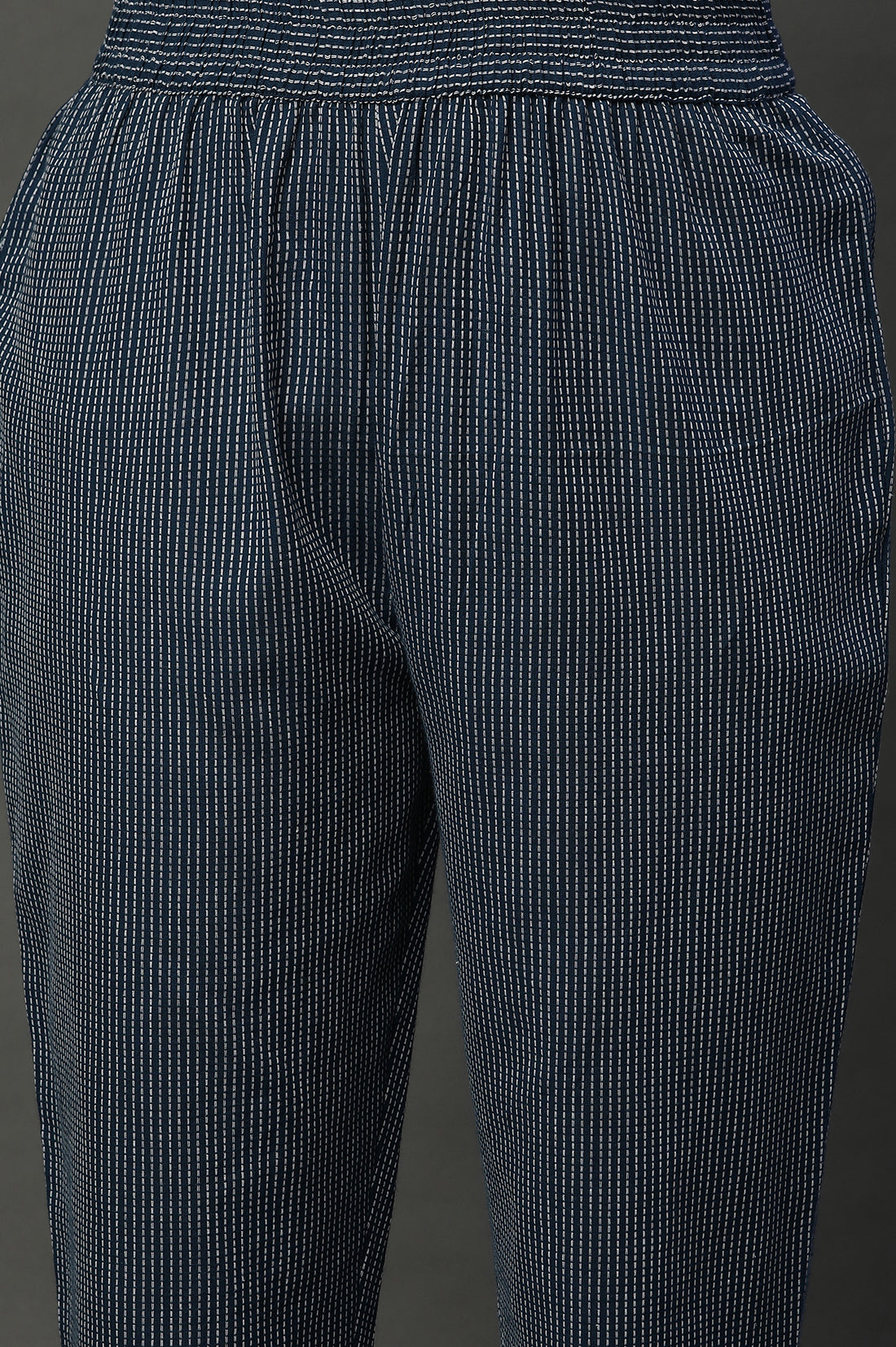 Navy Blue Cotton Dobby Kurta, Trousers and Dupatta Set