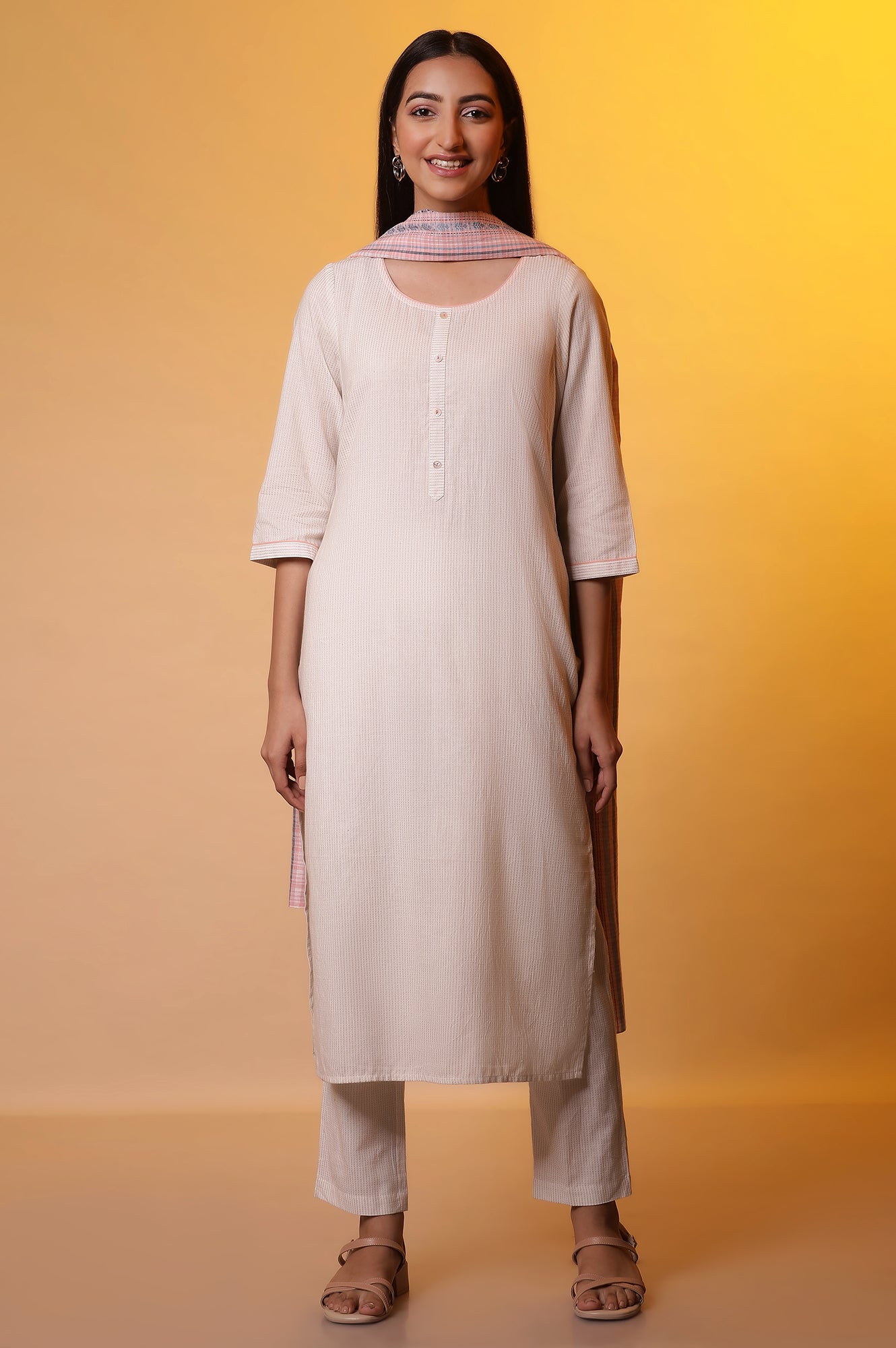 Beige Yarn-Dyed Checkered Kurta and Palazzo Set