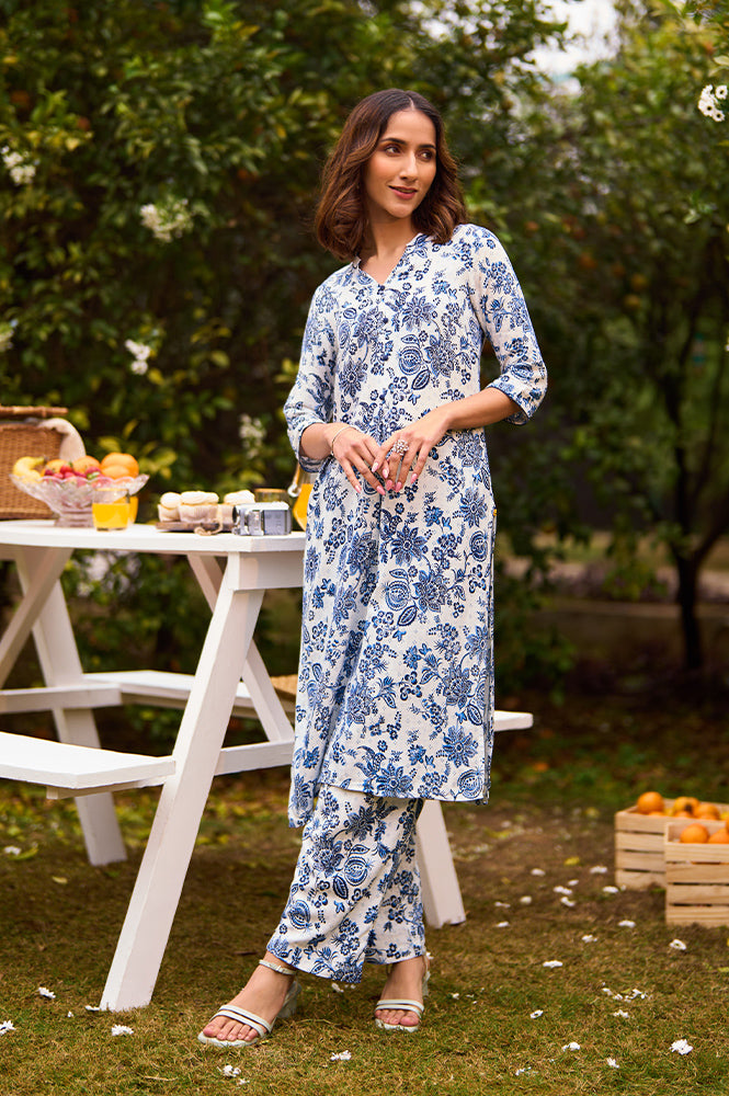White Floral Printed Kurta and Palazzo Co-ord Set - XS