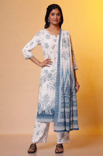 White Floral Printed Kurta, Palazzo and Dupatta Set