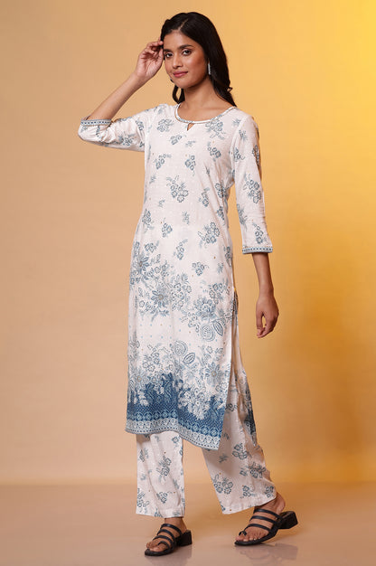 White Floral Printed Kurta, Palazzo and Dupatta Set