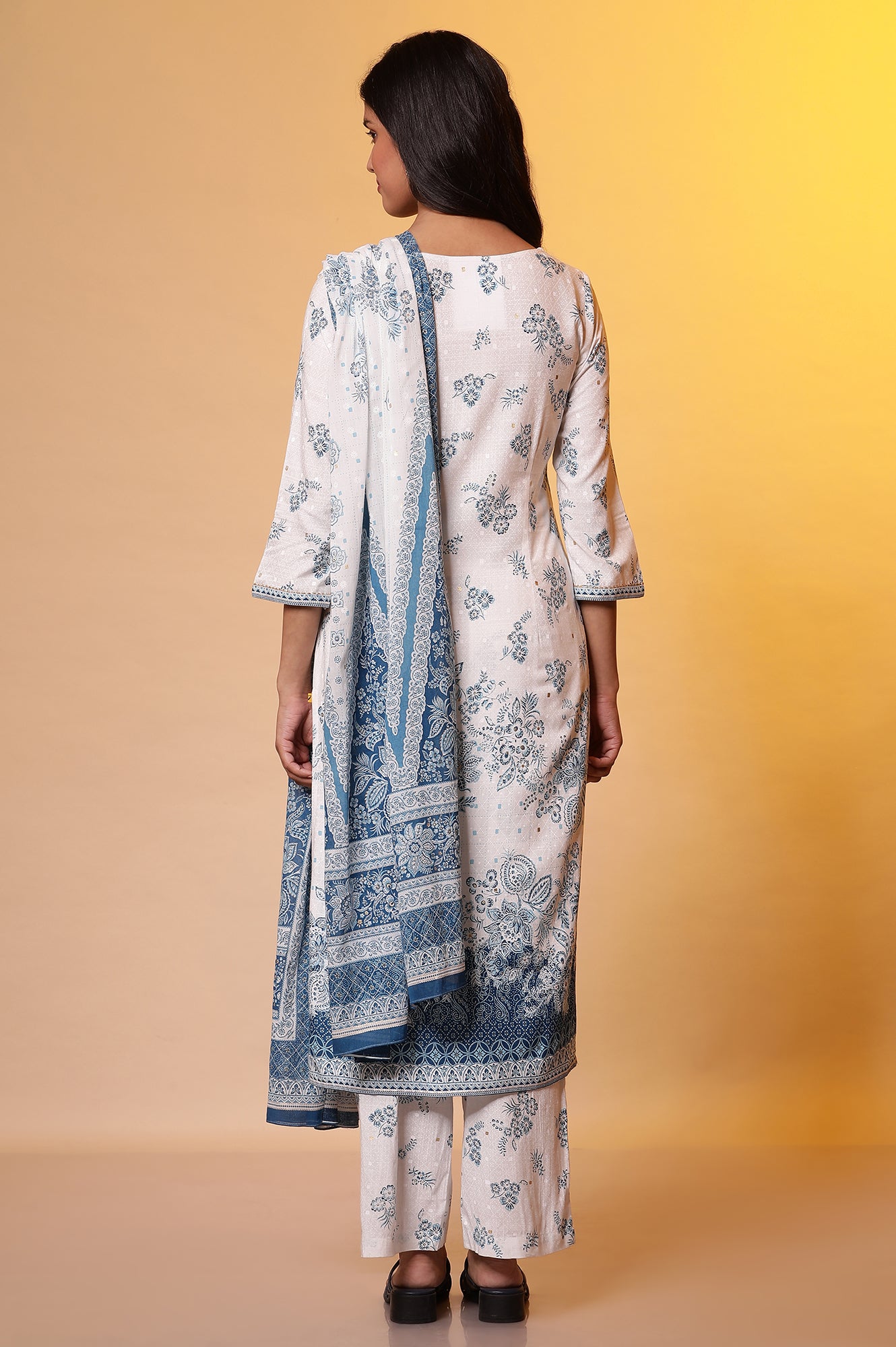 White Floral Printed Kurta, Palazzo and Dupatta Set