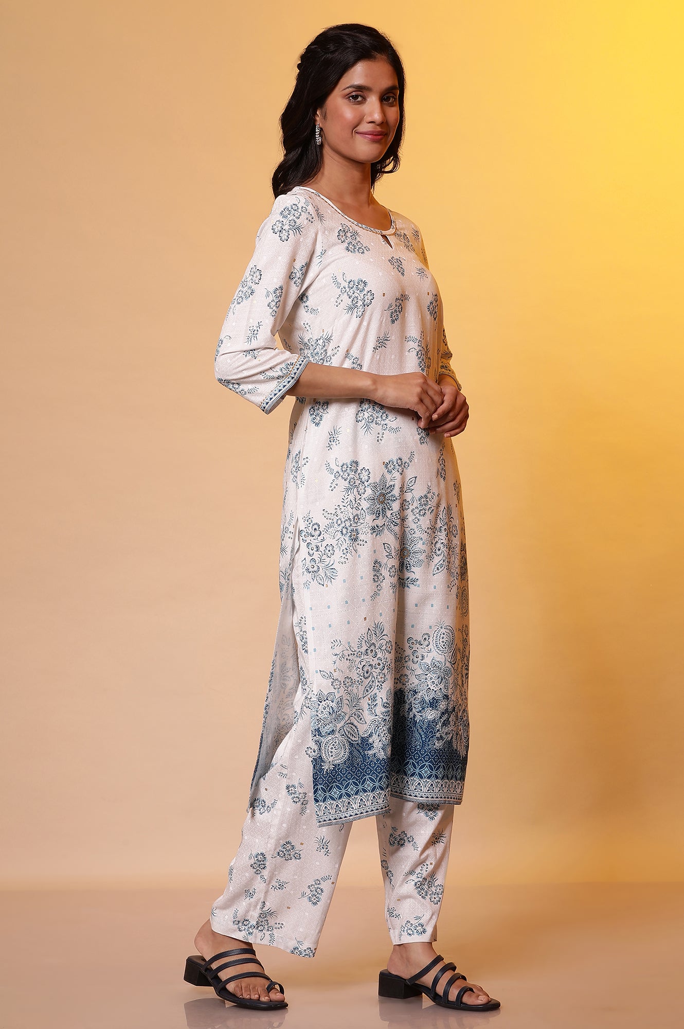 White Floral Printed Kurta, Palazzo and Dupatta Set