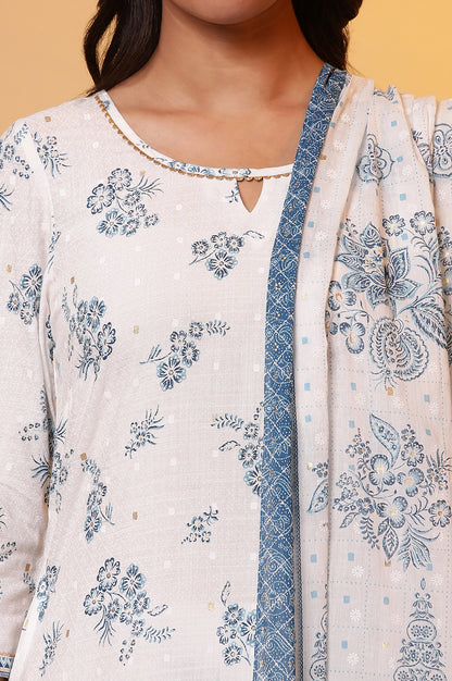 White Floral Printed Kurta, Palazzo and Dupatta Set