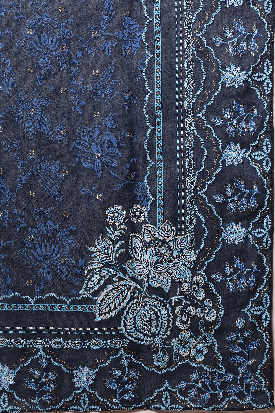 Blue Floral Printed Kurta with Zari Embroidery