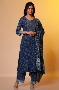 Blue Floral Printed Kurta with Zari Embroidery