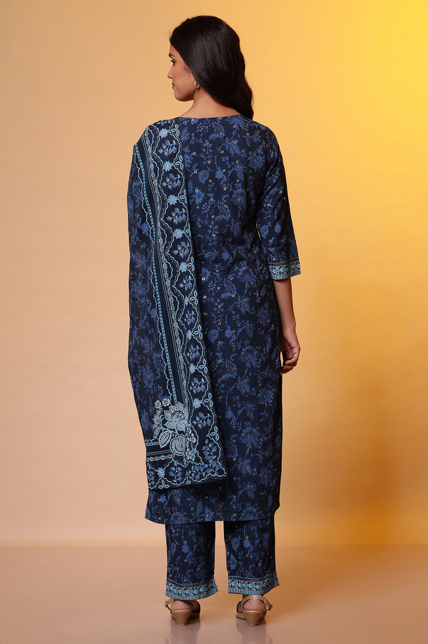 Blue Floral Printed Kurta with Zari Embroidery