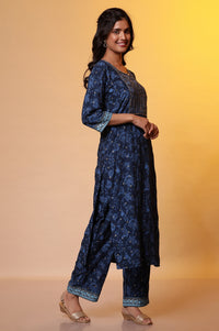 Blue Floral Printed Kurta with Zari Embroidery