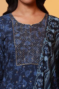 Blue Floral Printed Kurta with Zari Embroidery
