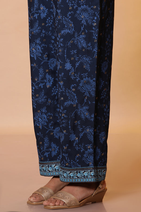 Blue Floral Printed Kurta with Zari Embroidery