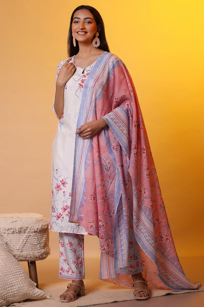 White Floral Printed Kurta, Pants and Dupatta Set