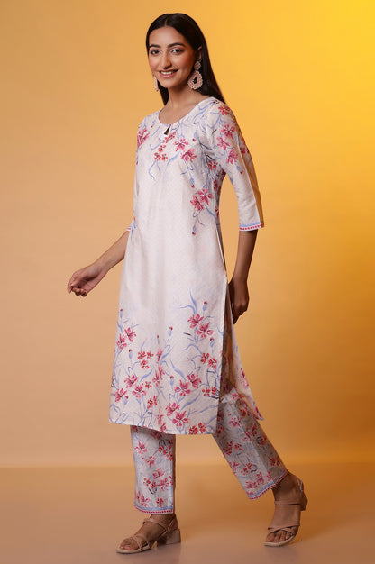 White Floral Printed Kurta, Pants and Dupatta Set