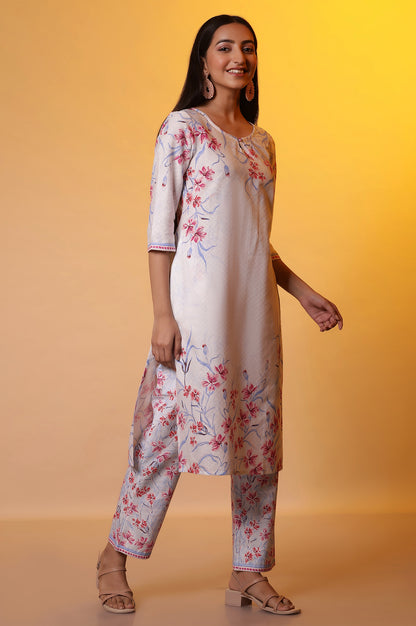 White Floral Printed Kurta, Pants and Dupatta Set