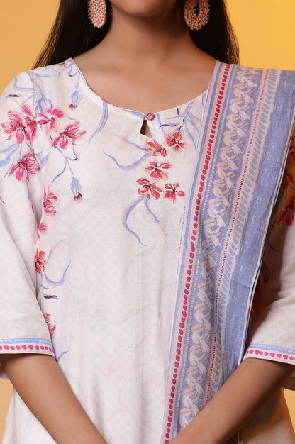 White Floral Printed Kurta, Pants and Dupatta Set