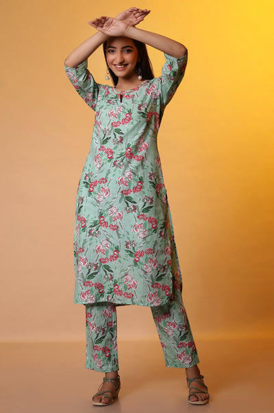 Mist Green Floral Straight Kurta and Parallel Pants Set
