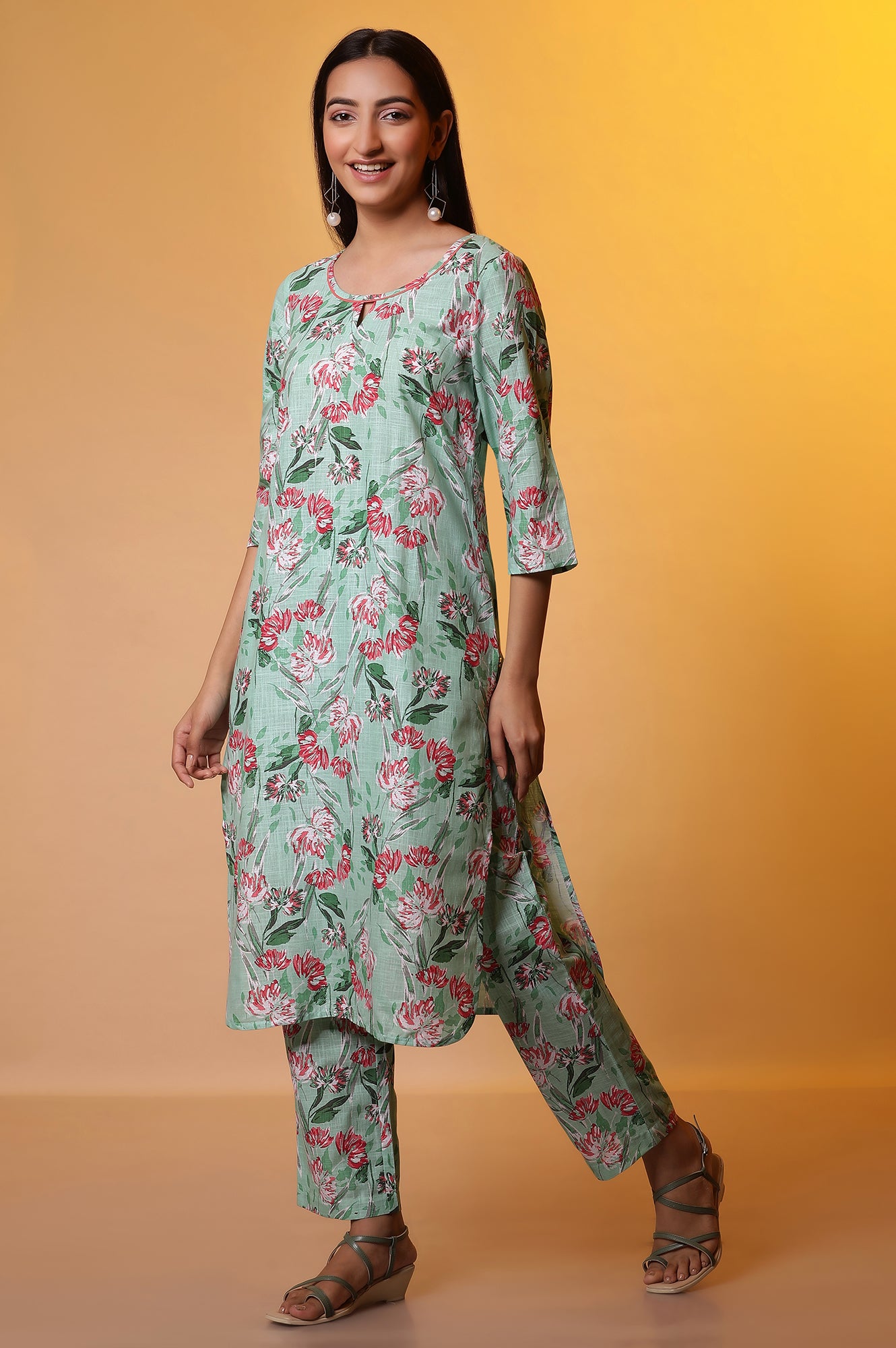 Mist Green Floral Straight Kurta and Parallel Pants Set