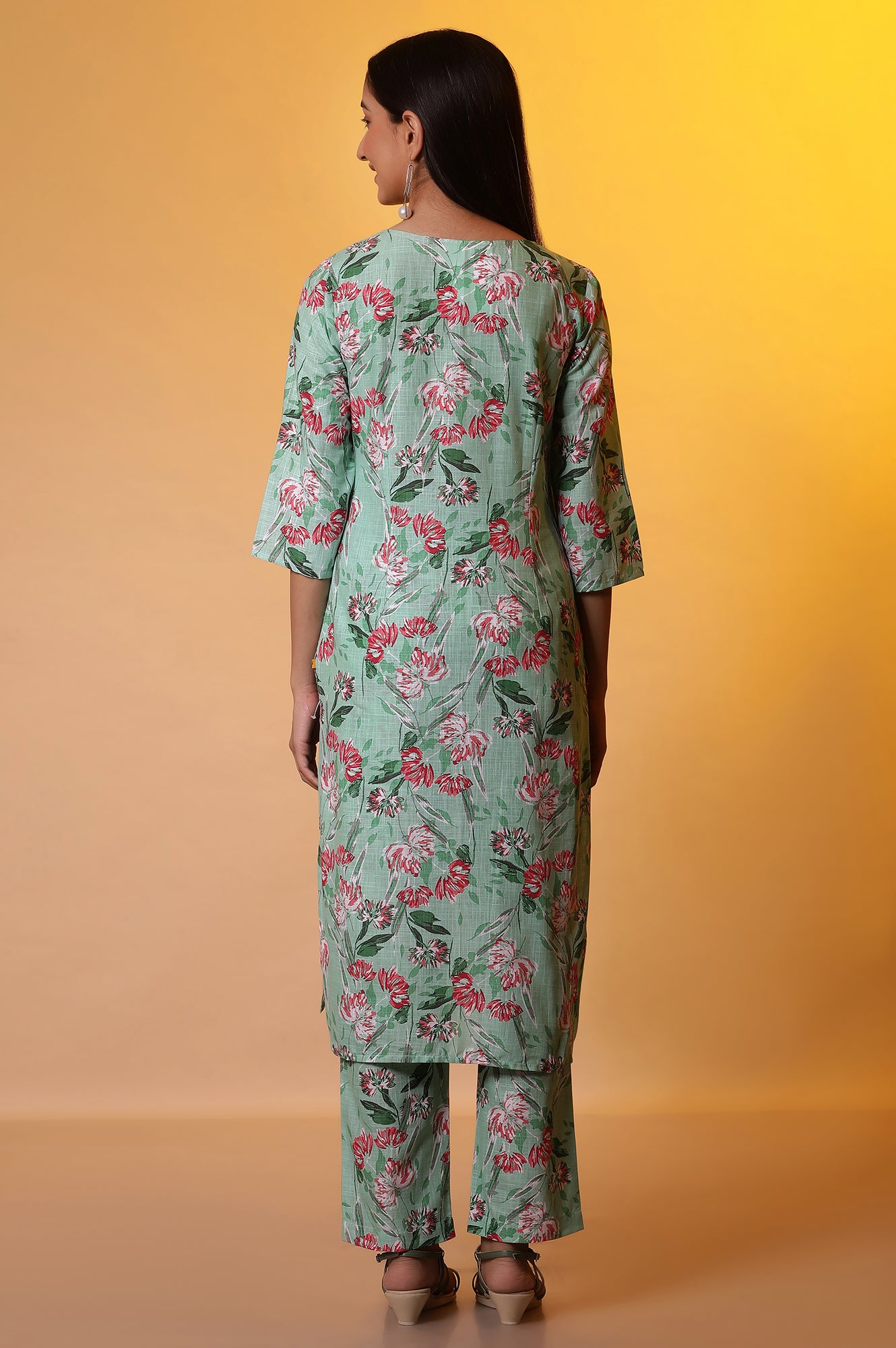 Mist Green Floral Straight Kurta and Parallel Pants Set