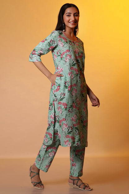 Mist Green Floral Straight Kurta and Parallel Pants Set