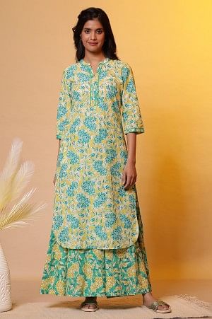 Celery Green Floral Printed Kurta and Palazzo Co-ord Set