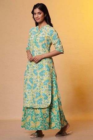 Celery Green Floral Printed Kurta and Palazzo Co-ord Set