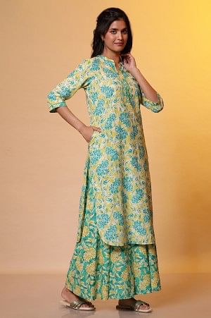 Celery Green Floral Printed Kurta and Palazzo Co-ord Set