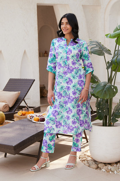 White and Purple Floral Printed Kurta and Trouser Co-ord Set