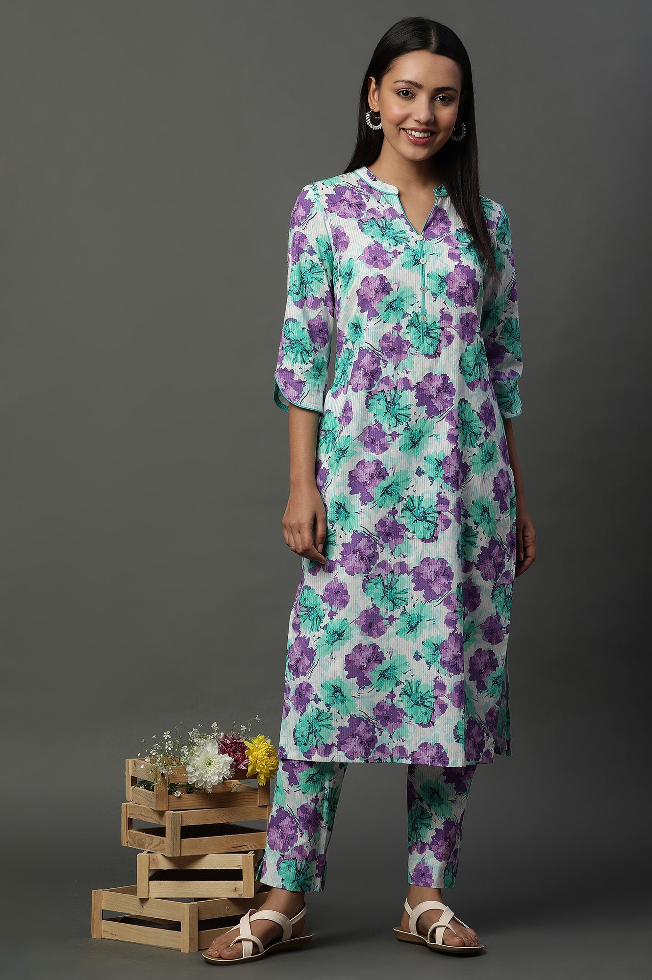 White and Purple Floral Printed Kurta and Trouser Co-ord Set