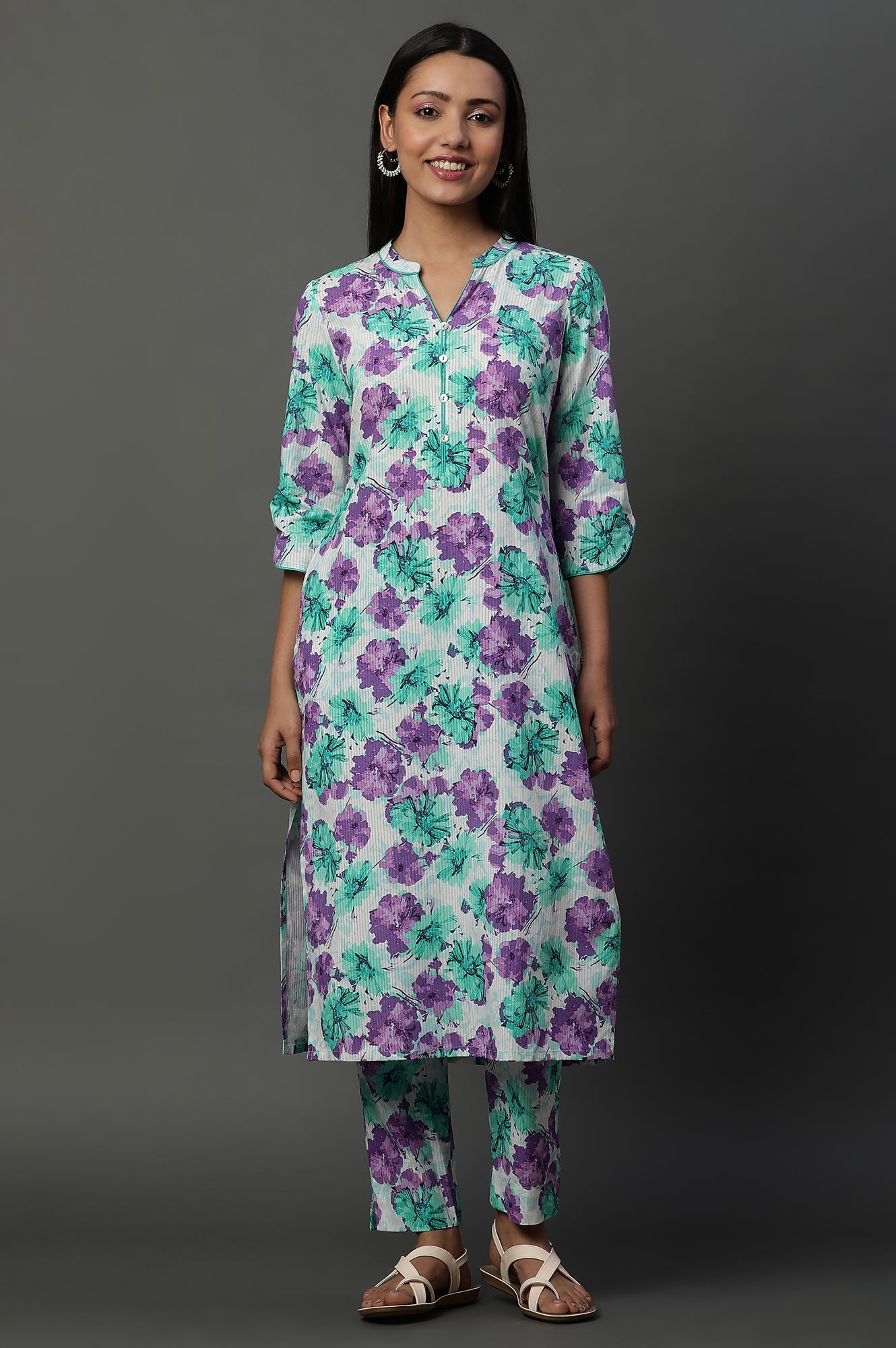 White and Purple Floral Printed Kurta and Trouser Co-ord Set