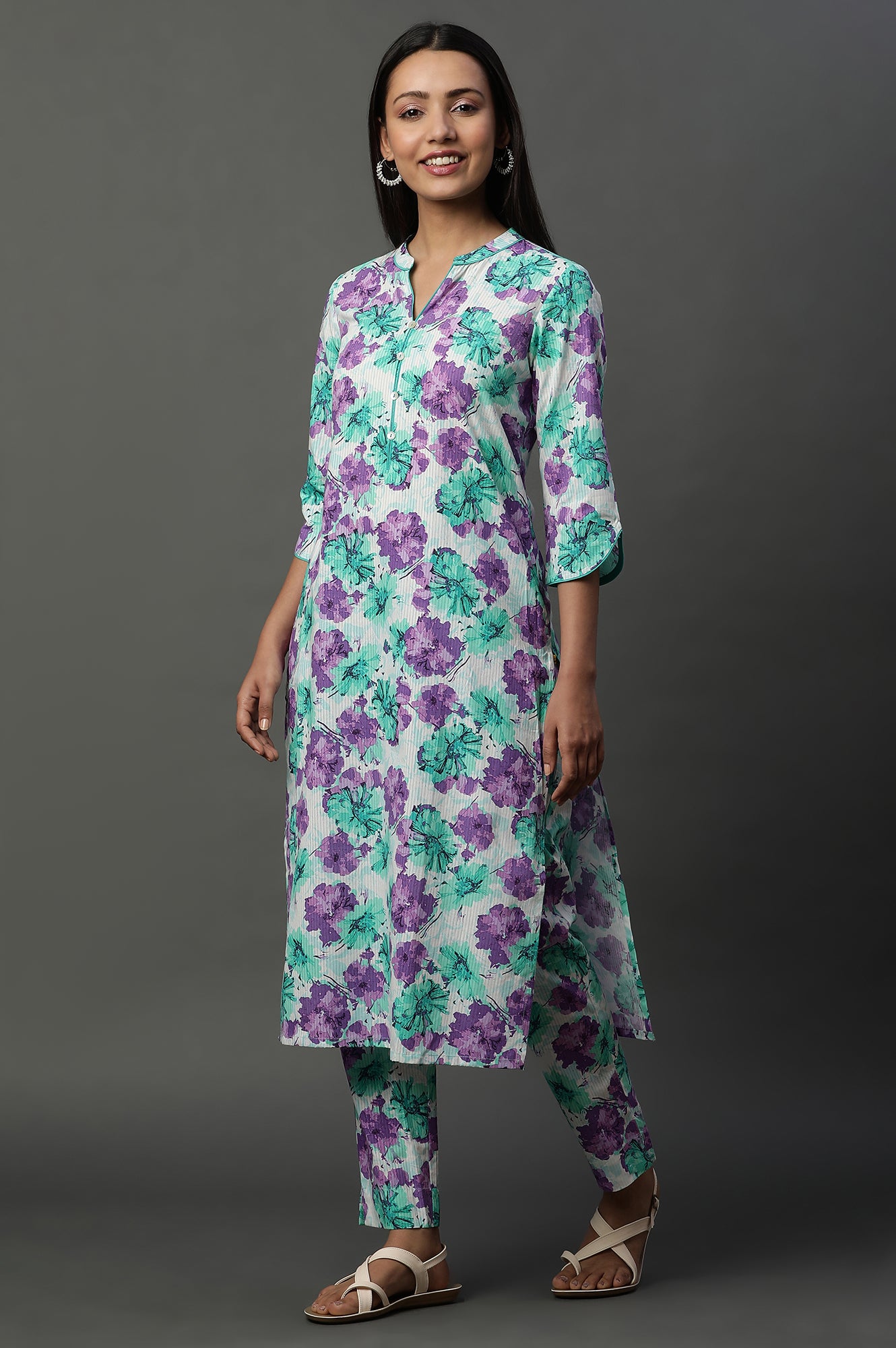 White and Purple Floral Printed Kurta and Trouser Co-ord Set