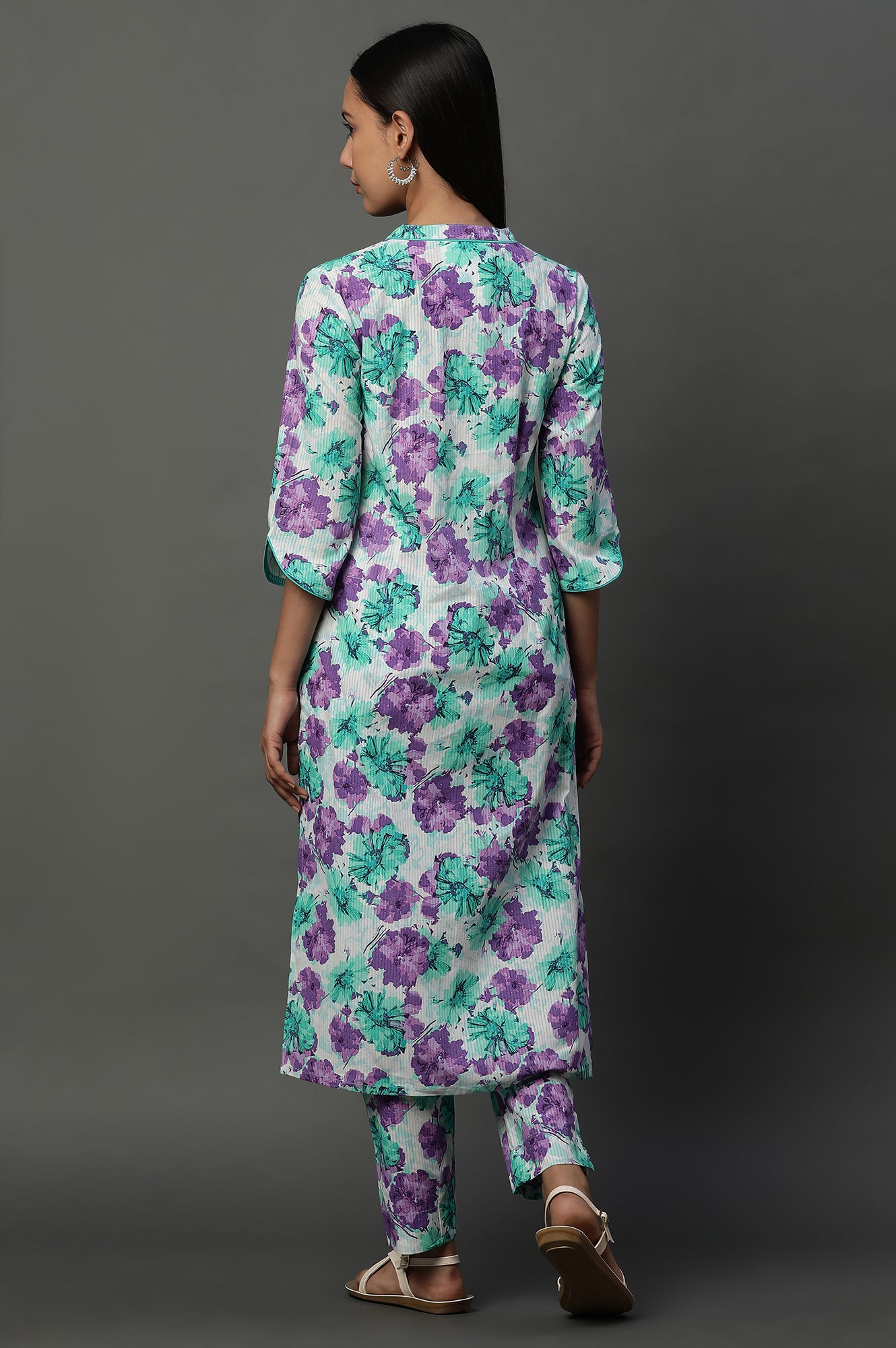 White and Purple Floral Printed Kurta and Trouser Co-ord Set