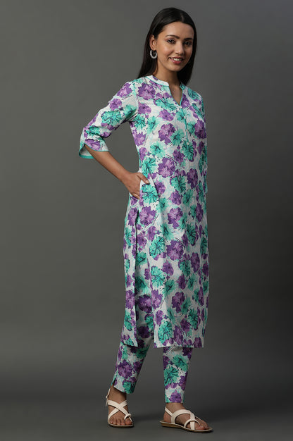 White and Purple Floral Printed Kurta and Trouser Co-ord Set