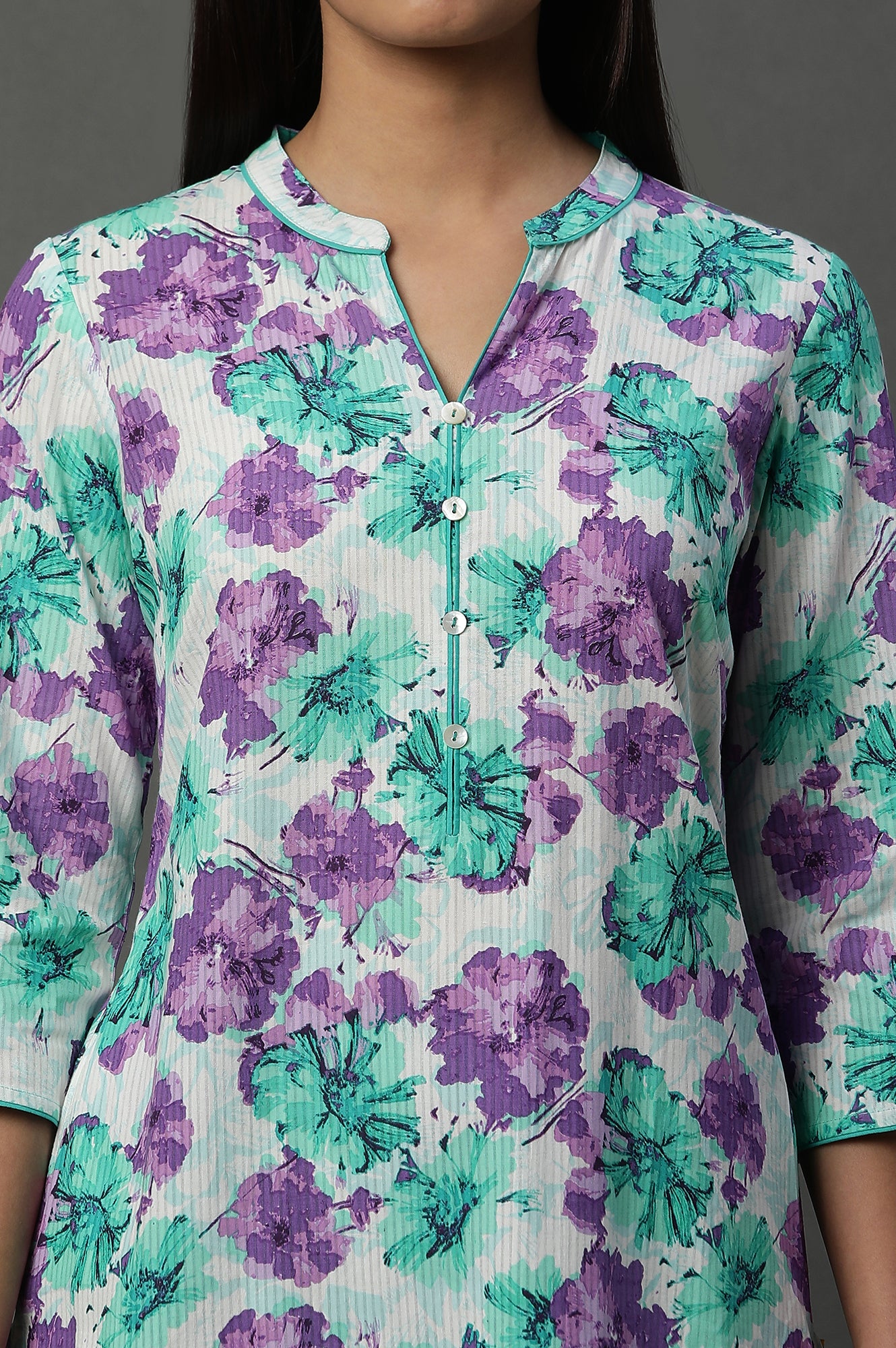 White and Purple Floral Printed Kurta and Trouser Co-ord Set