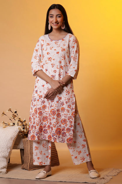 White and Orange Floral Printed Kurta and Palazzo Co-ord Set