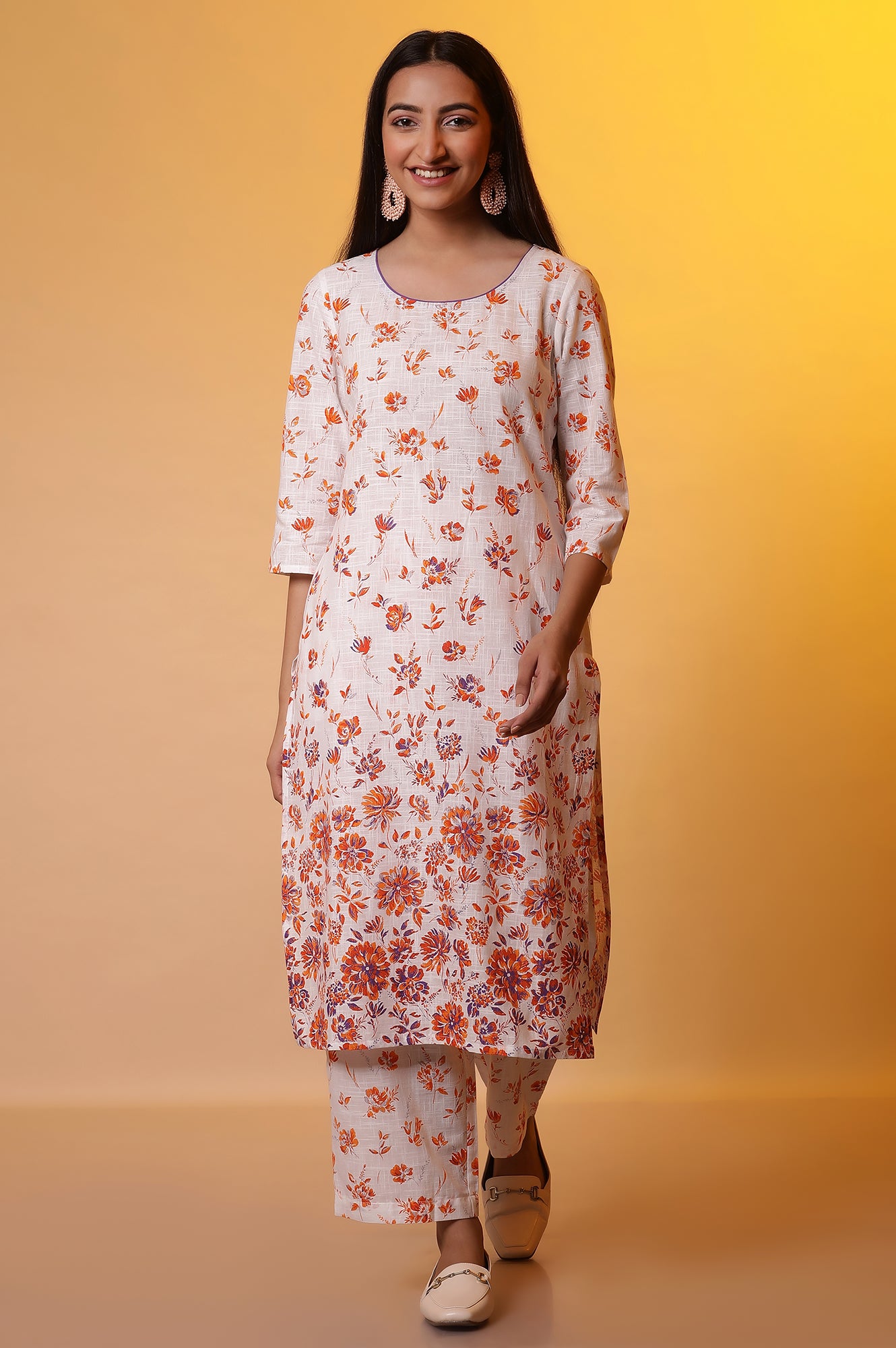 White and Orange Floral Printed Kurta and Palazzo Co-ord Set