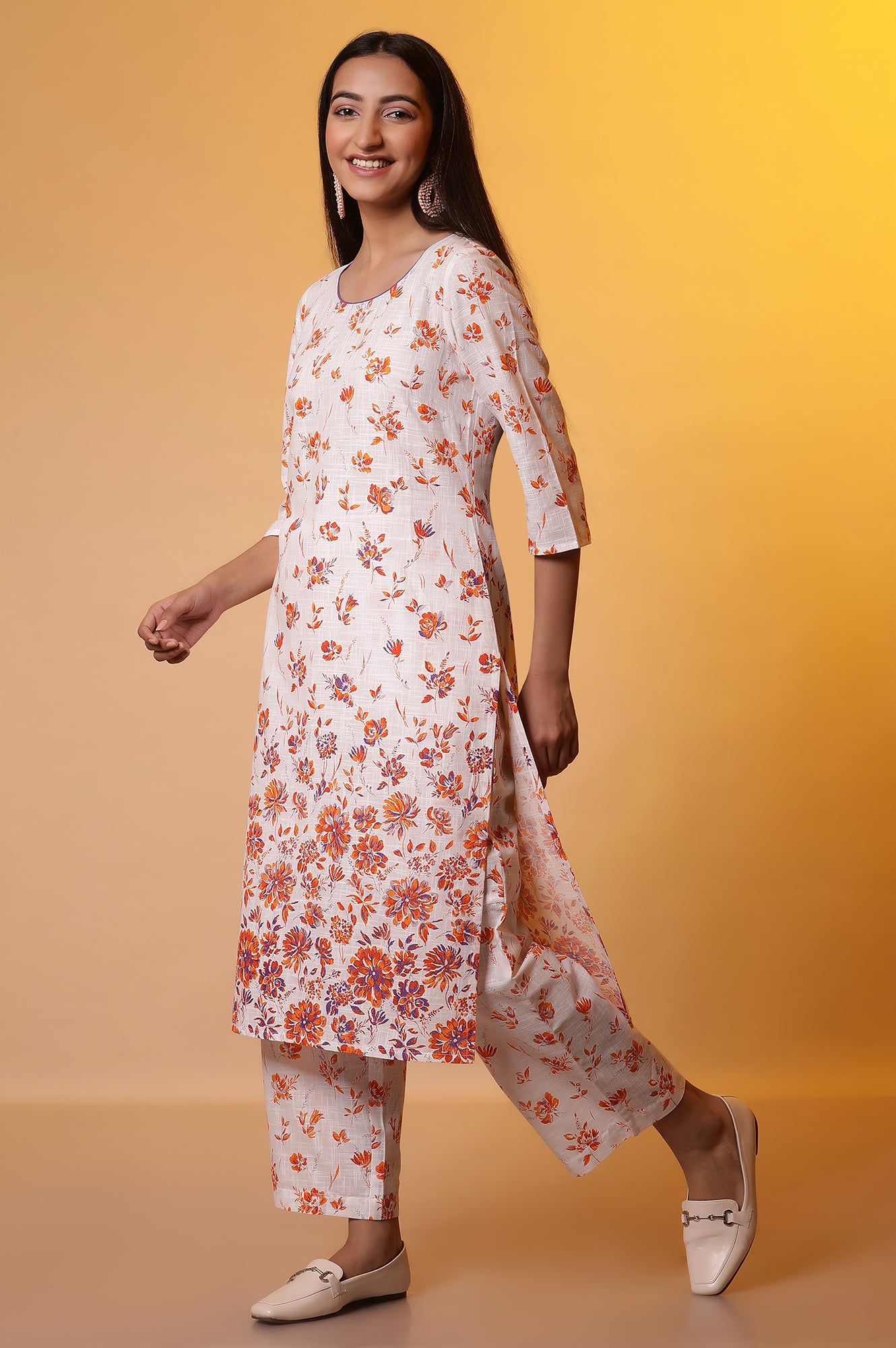 White and Orange Floral Printed Kurta and Palazzo Co-ord Set